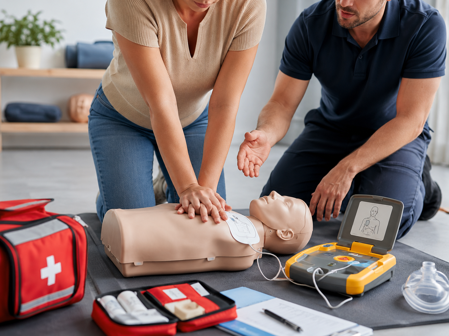 CPR and AED training with instructor and emergency equipment