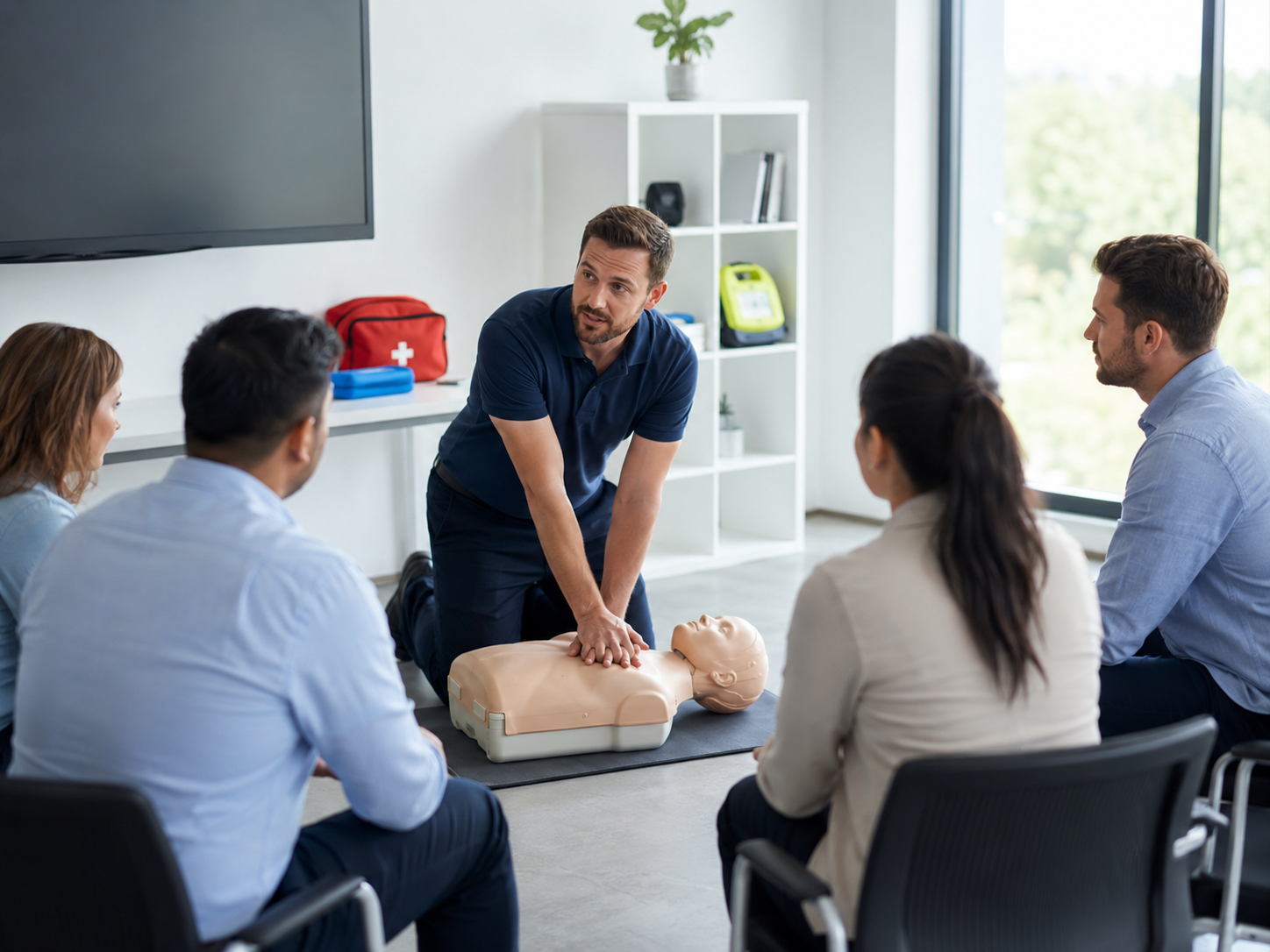 Professional CPR training class in a modern classroom