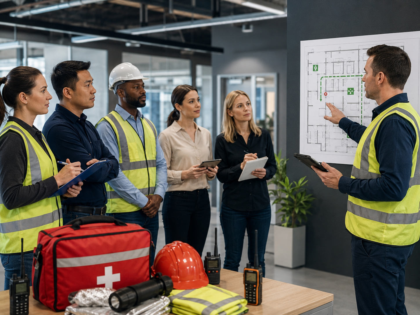 Workplace emergency preparedness training session with safety equipment
